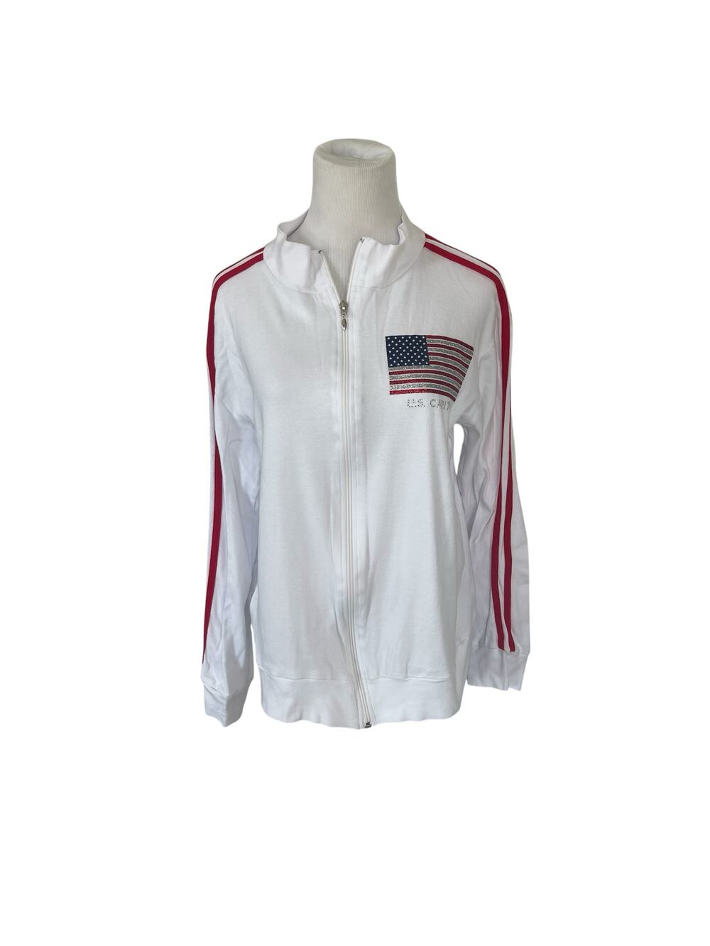 Women's L White Zip Up Lightweight Jacket Red White Blue Glitter Flag Stripe